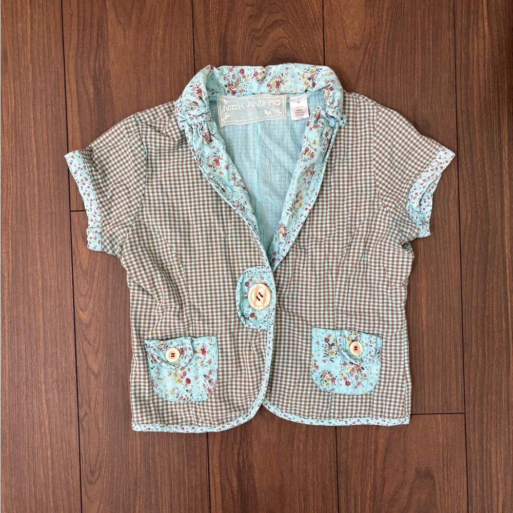 Nick and Mo blue Floral-Trim Short Sleeve Blouse